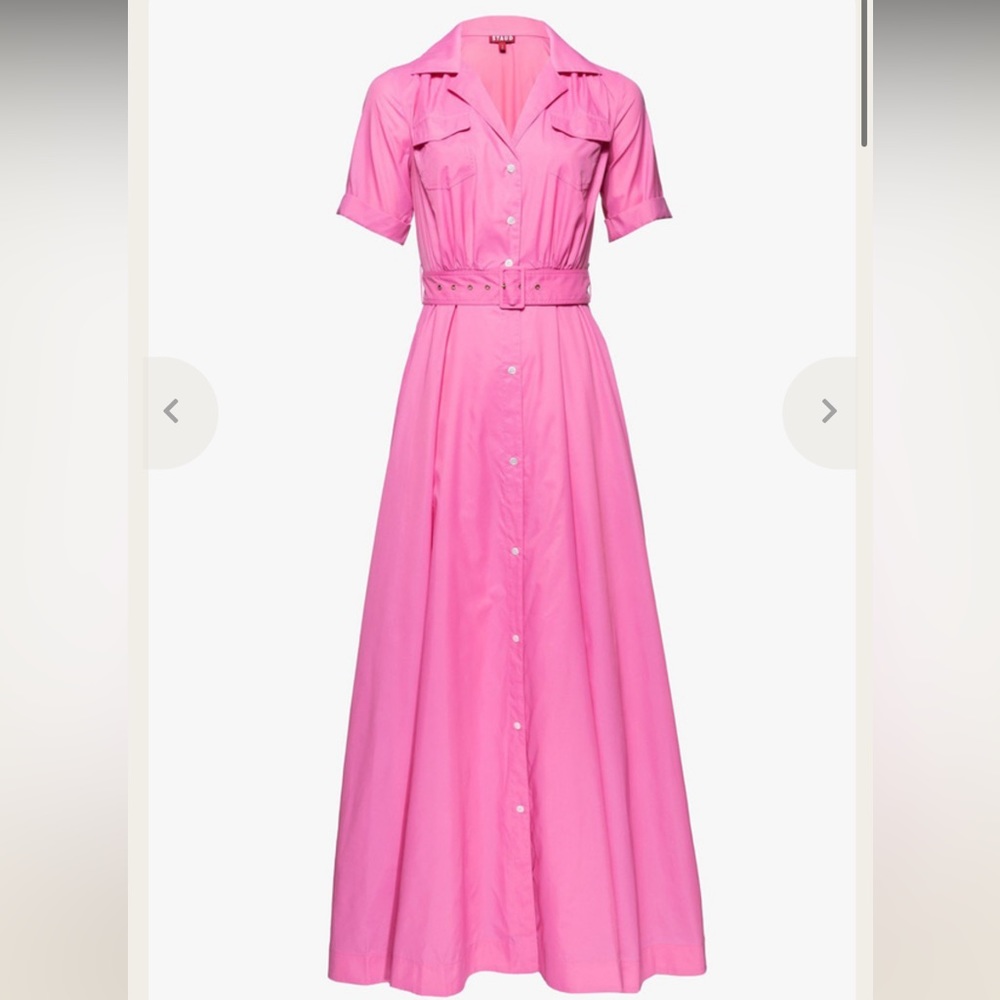 Staud Millie Dress maxi bubblegum pink  dress shirt dress belt 4